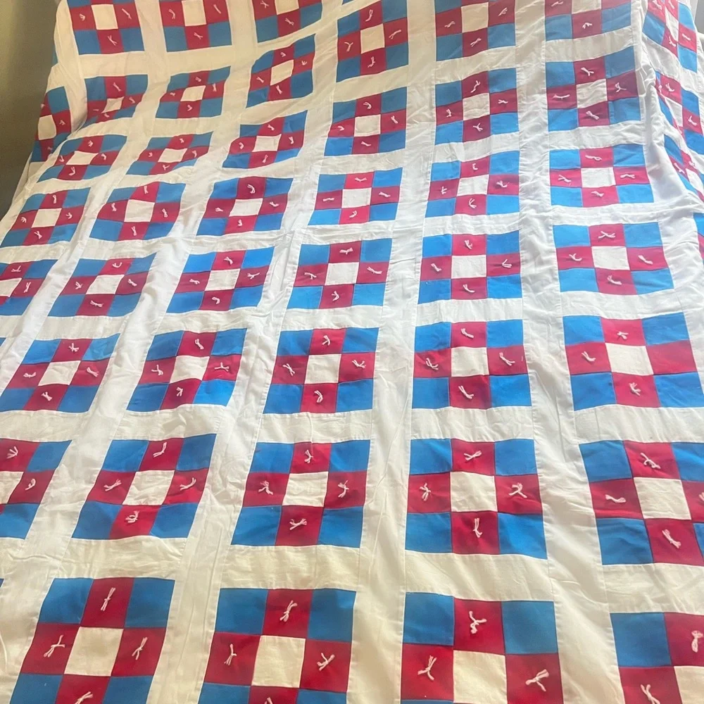 VNTG Handmade Cotton Red White Blue Colorful King Size Quilt‎ Top 91 x 75